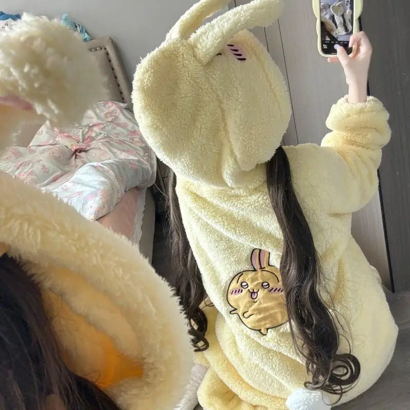 

Аниме Usagi Chiikawa женские пижамы Kawaii мультфильм Hachiware пижамные комплекты студенческая ночная рубашка одежда для сна для девочек зимняя теплая одежда для сна
