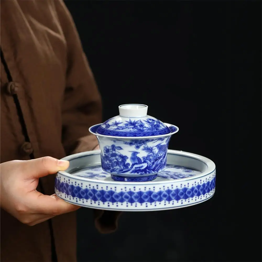 

Handmade Jingdezhen Blue and White Magpie Tureen Tea Brewing Bowl Two-Way Hover Emperor Glaze Frosted Feeling Big Pot Retro