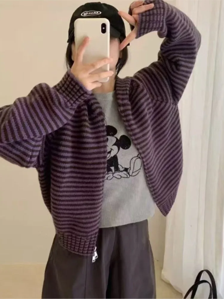 

2025 Striped Coat Cardigans All-match Loose Simple Style Sweater Winter Clothes Woman Pulls Femmes Contrast Hooded Simple Style