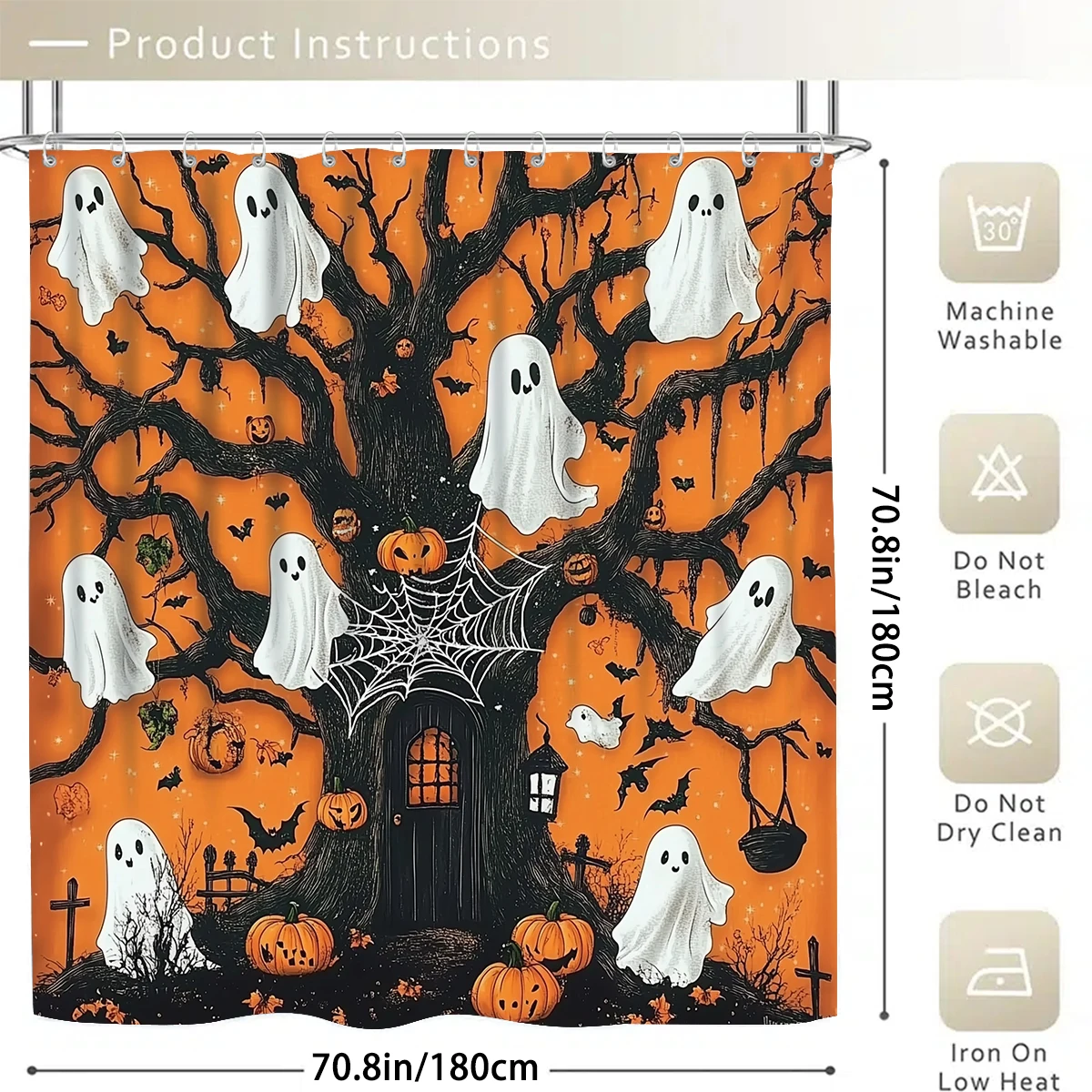 Halloween Cartoon ghost pump 1/4PC shower curtain set waterproof shower curtain and waterproof non-slip carpet,12 hooks included