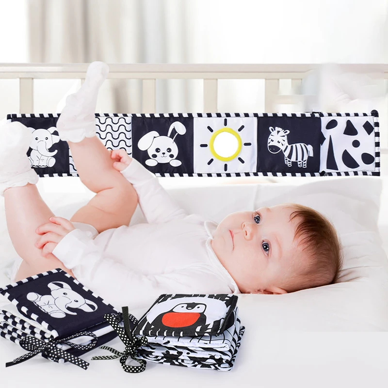 Baby Cloth Book Soft Black and White High Contrast Sensory Toys 3D Touch Feel Cloth Book Early Learning Stroller Toy 0-12 Months