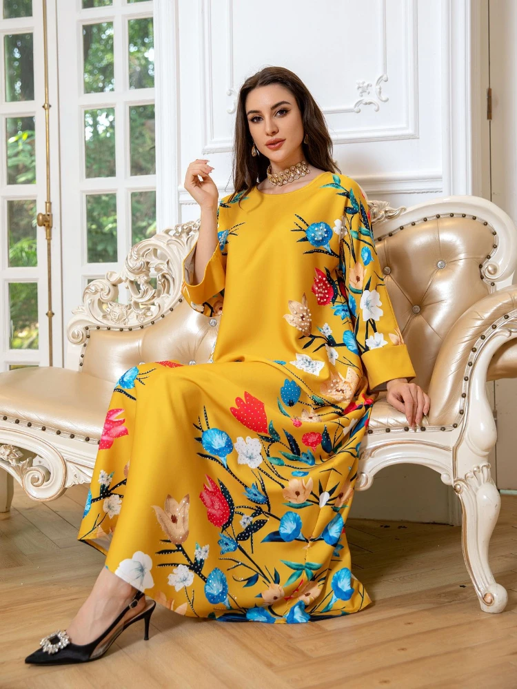 Women Eid Muslim Long Dresses Jalabiya Abaya Beading Morocco Party Dress Kaftan Ramadan Maxi Vestidos Dubai Abaya Print 2024