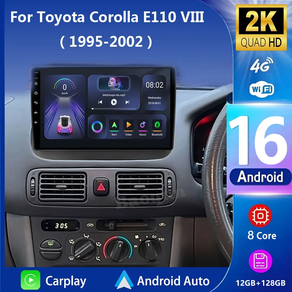 Rádio do carro de android 16 para toyota corolla 8 e110 1995 - 2001 reprodutor de vídeo multimídia qualcomm gps navi 2din bt qled 4g wifi lte 5g