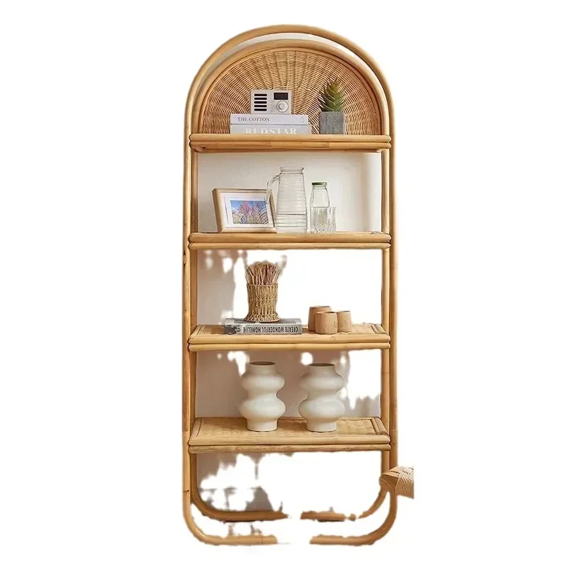 

Напольная полка из ротанга в скандинавском стиле, многоярусная стеллажная система для хранения, для гостиной, домашняя, в японском стиле, витрина