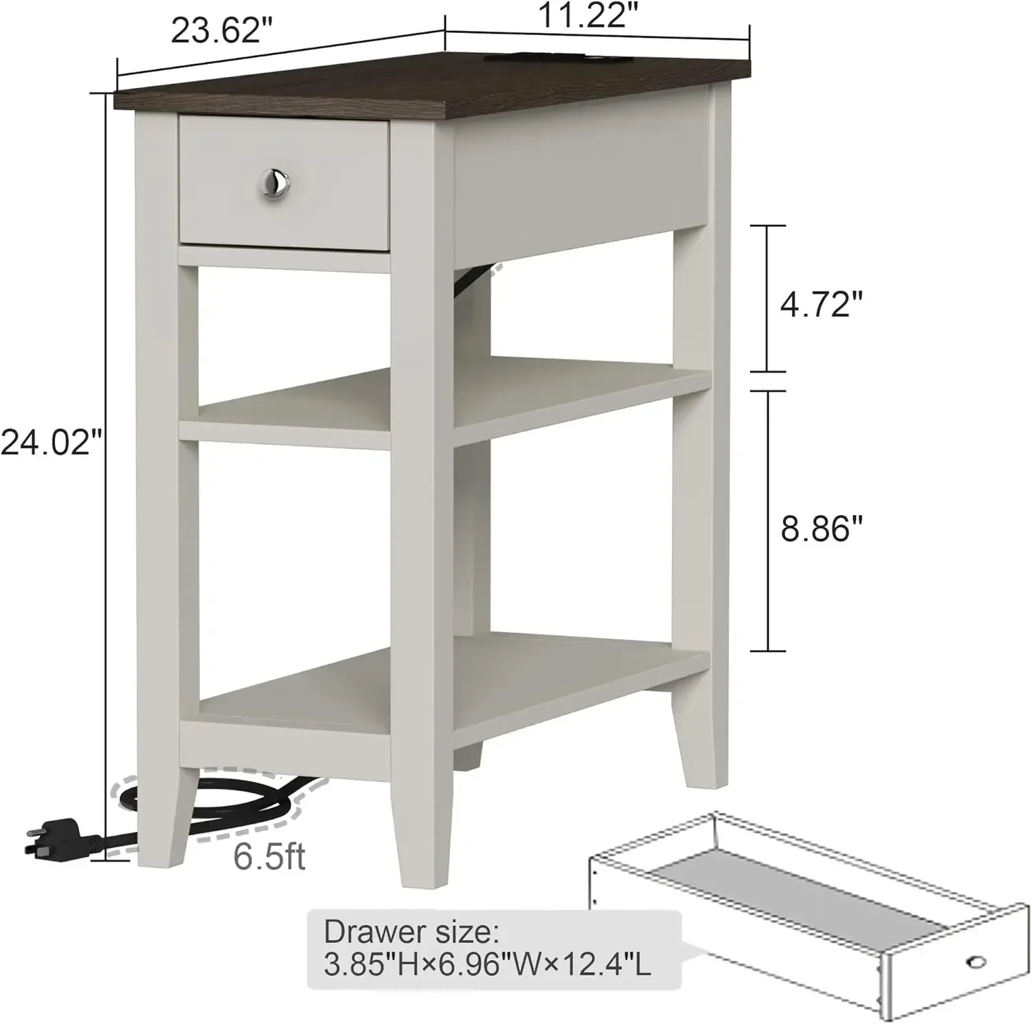 Farmhouse End Table with Charging Station, Narrow Side Table Living Room with USB Ports & Power Outlets and Hidden Drawer