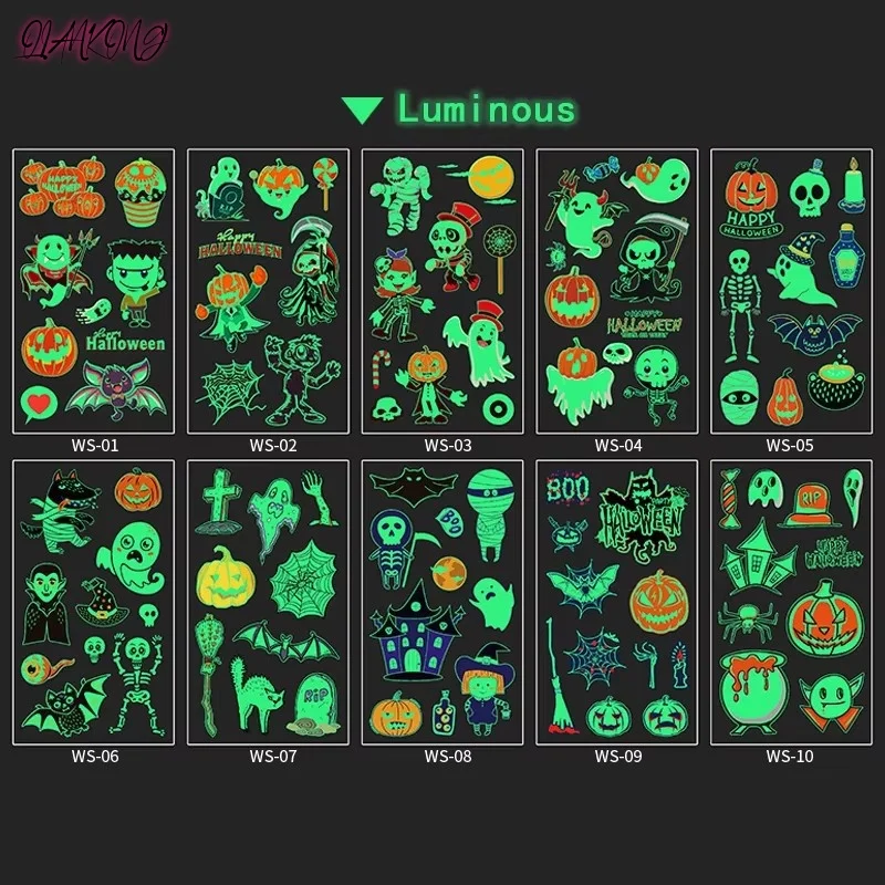 10pc/set Halloween Tattoo Stickers Children'S Cartoon Luminous Temporary Waterproof Stickers For kids adult Face Arm Body Tattoo