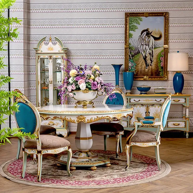Luxury court style heavy industry engraving and painting gold foil small round center table new Chinese dining table