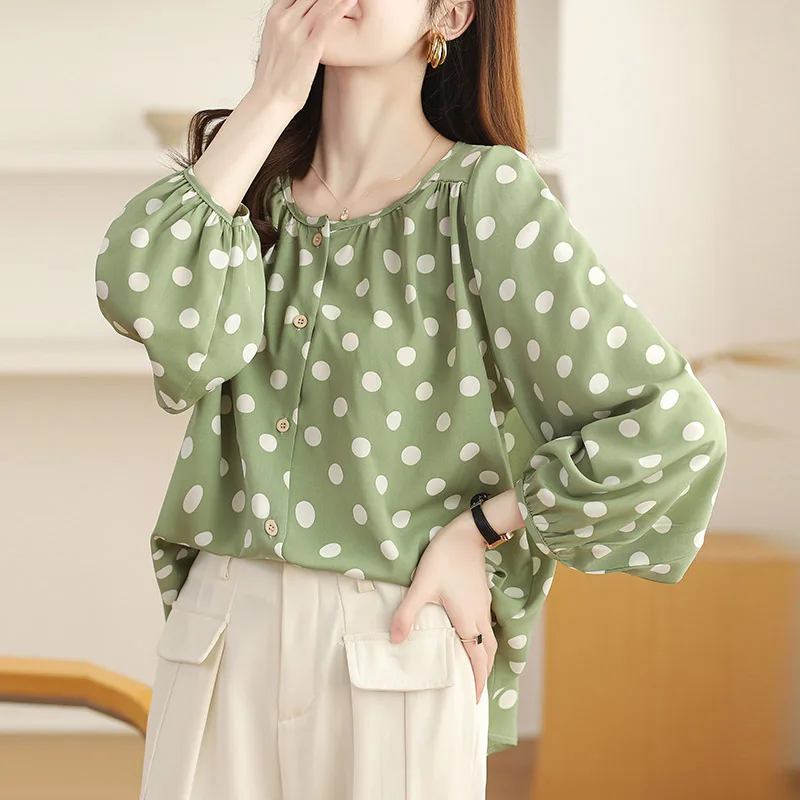 Women Clothing French Style Fashion Polka Dot O-neck Shirts Spring Autumn New Casual Loose Lantern Sleeve Blouses Y2k Chic Tops