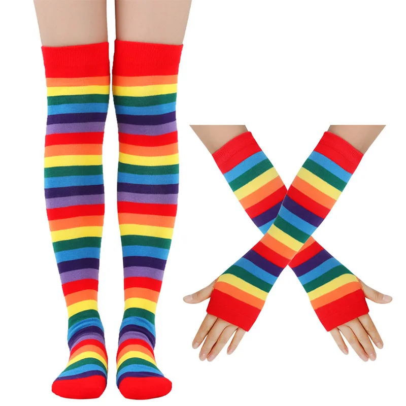 1 Set Rainbow Gloves Over Knee Thigh High Socks Set for Girls School JK Uniform Cosplay Accessories Arm Leg Warmers Oversleeves view 3