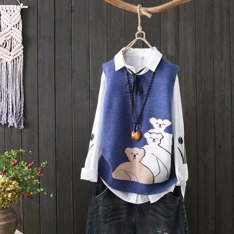 Women's Vest Knitted Round Neck Vest Short Style Teddy Bear Sweater Vest Women's Jacket Loose Fitting Women's Clothing