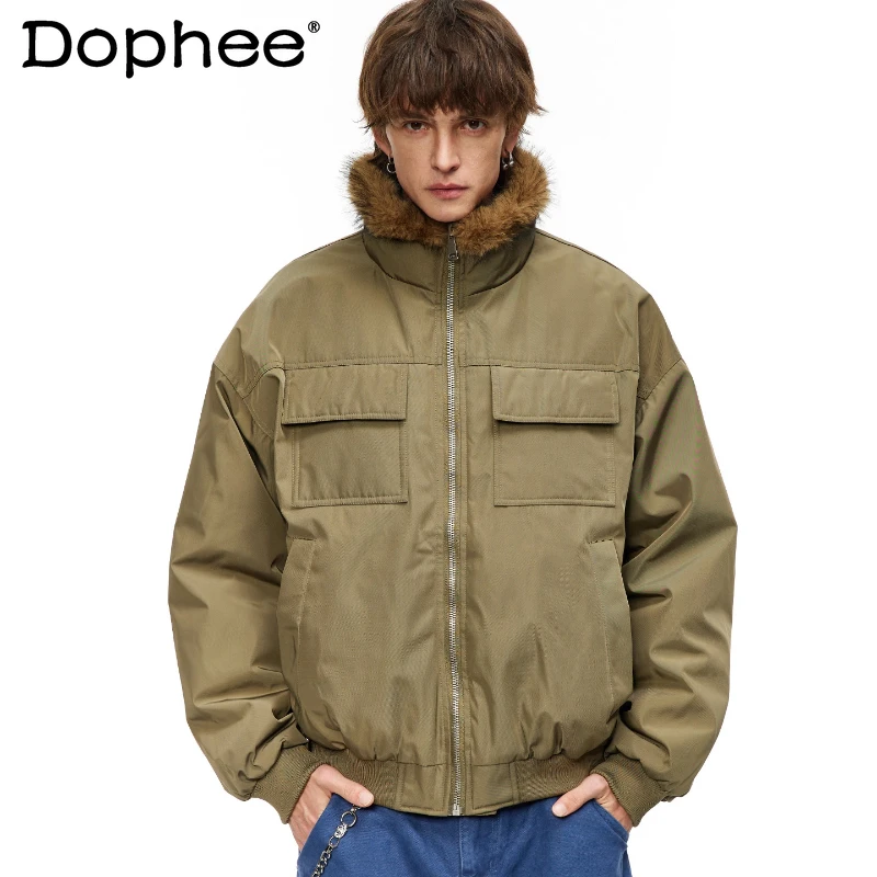

Trendy Faux Fur Collar Parka Down Jackets Men 2025 Winter New High Street Chic Down Jackets Solid Color Warm High-End Down Coats