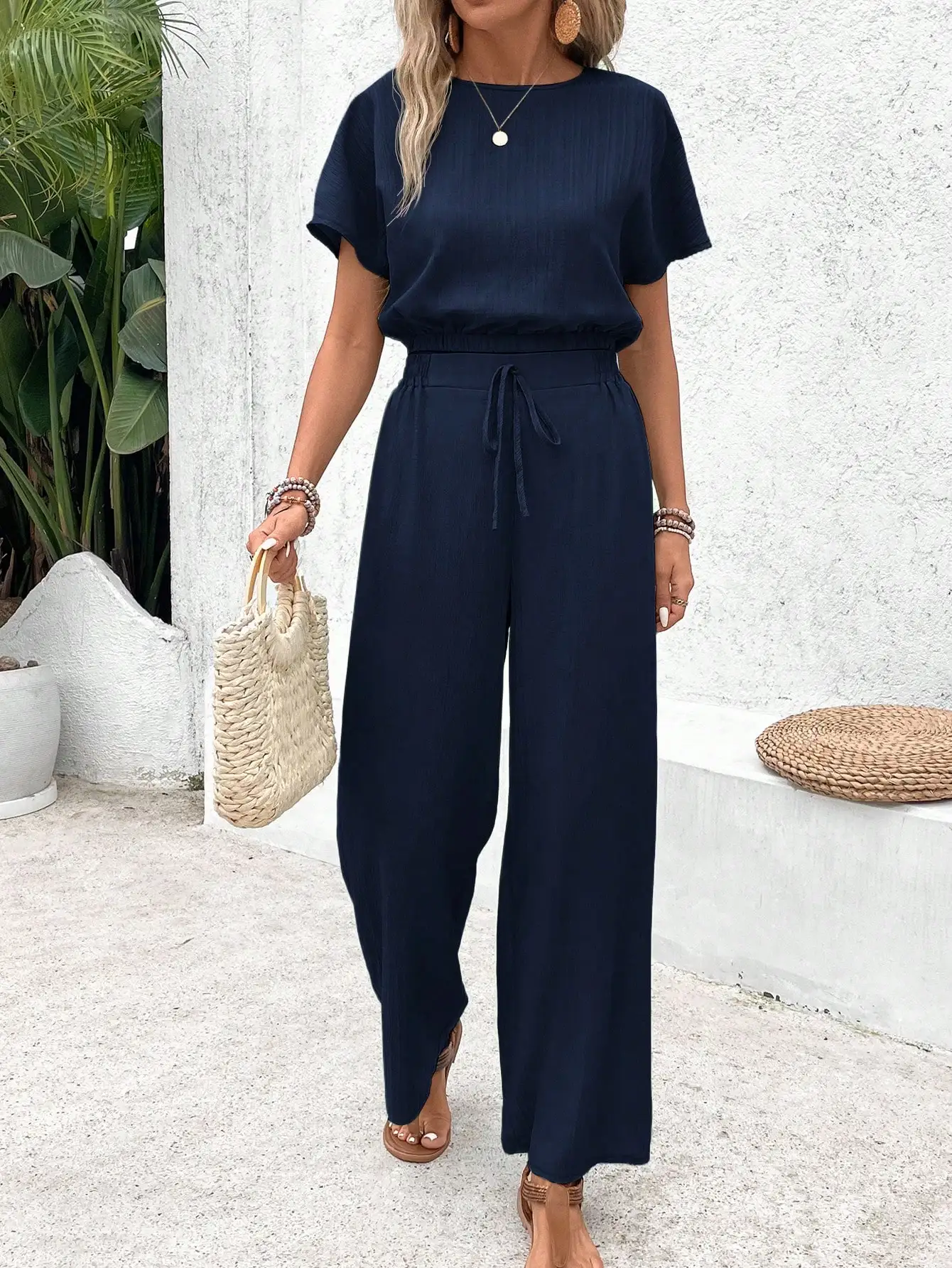 Women's Loose Fit Solid Green Two-Piece Set with Drawstring Waist