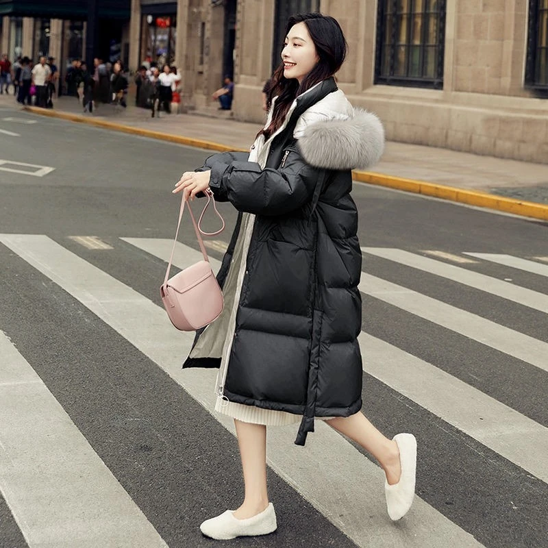 고급 여성용 중장기 겨울 패션 트렌드 대형 사이즈 루즈핏 무릎 길이 화이트 덕다운 재킷 후드 예쁜 코트