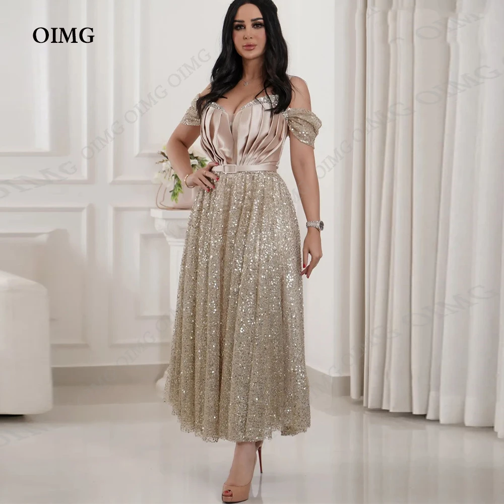 

OIMG Exquisite Champagne Off Shoulder Prom Evening Dresses For Wedding Party A Line Beads Sequins Shiny Formal Celebrity Gowns