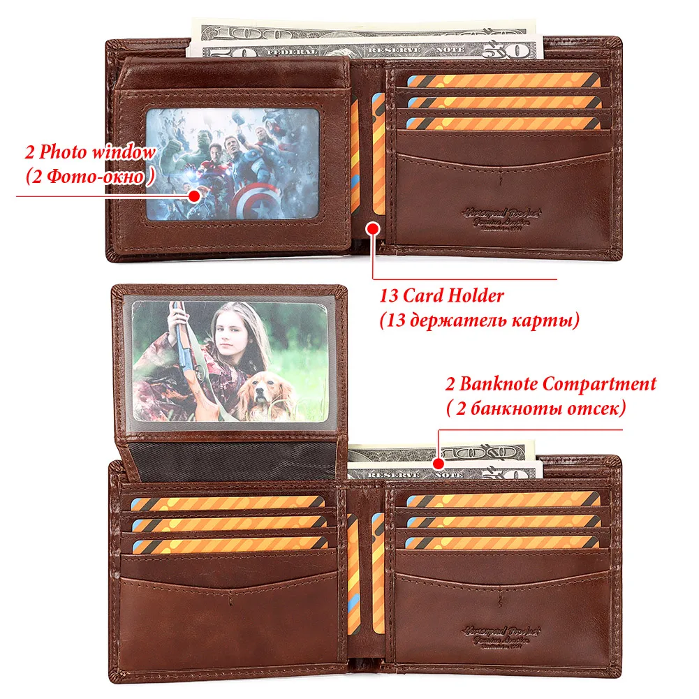 100% Genuine Leather Wallet for Men Short RIFD Credit Card Holder with ID Window Portable Male Billfold Clutch Carteiras