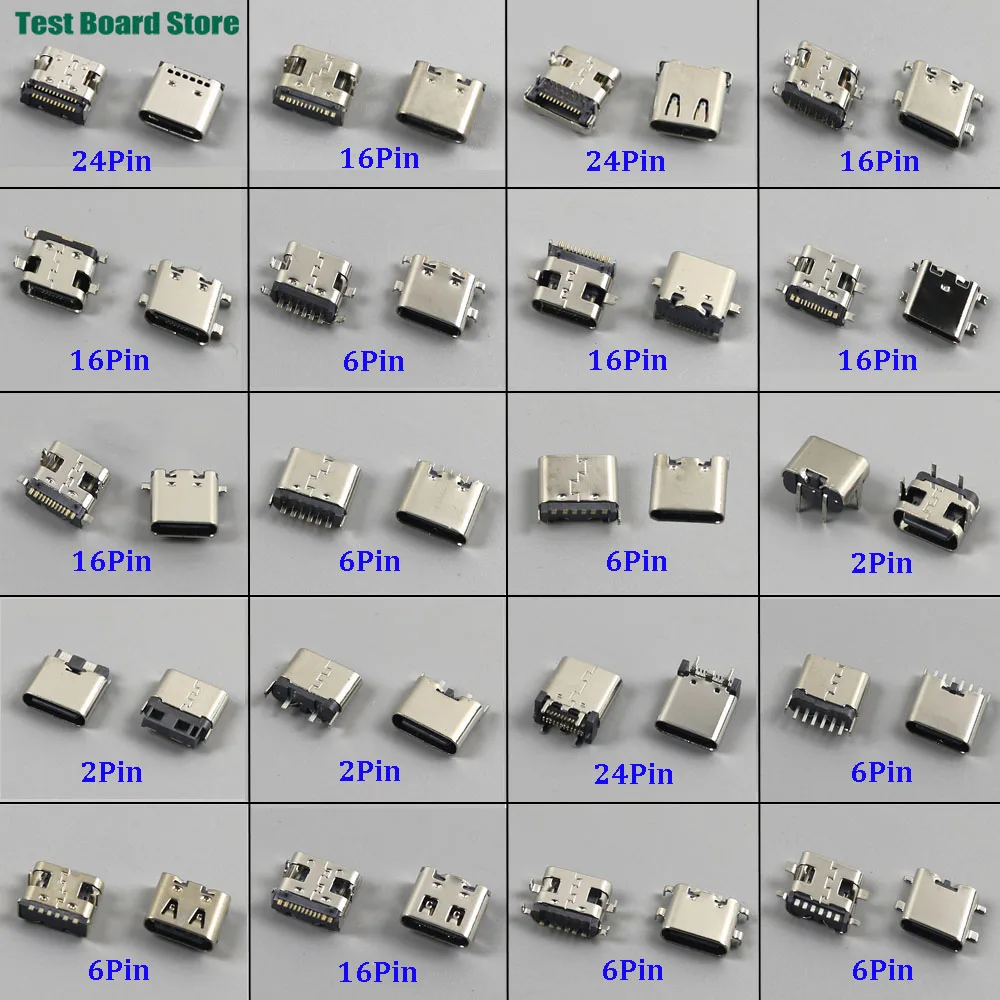10pcs Type-C USB Connector 2/6/16/24 Pin Female Charging Port Jack PCB SMD SMT DIY USB-C Socket Solder DIY Repair Adapter