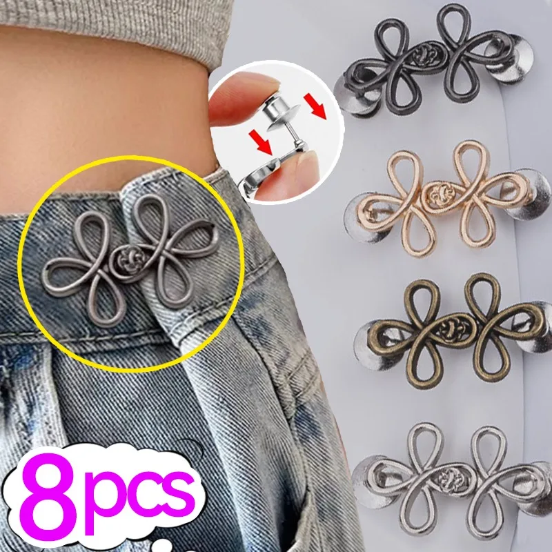2/8Pcs Four Leaf Clover Waist Buckle Adjustable Tightener Waist Buckle for Jeans No Sewing Required Detachable Seamless Button