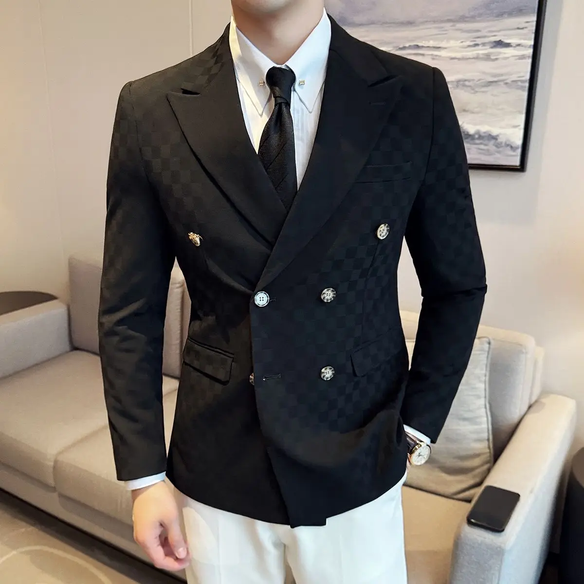 Veste de costume à carreaux à double boutonnage pour hommes, costume d'affaires décontracté, tendance, mince, nouveau style, 3-A49, 2024