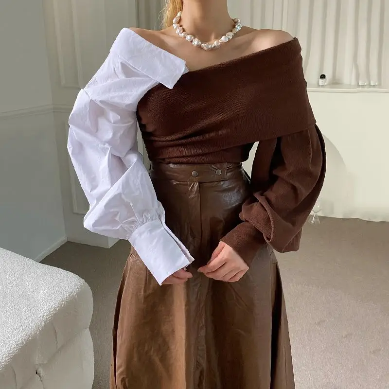 

Patchwork Bubble Sleeve Top Blouses Blusa Feminina Camisa Black Blouse Chemise Femme Y2k Shirts V-neck Off Shoulder Contrast