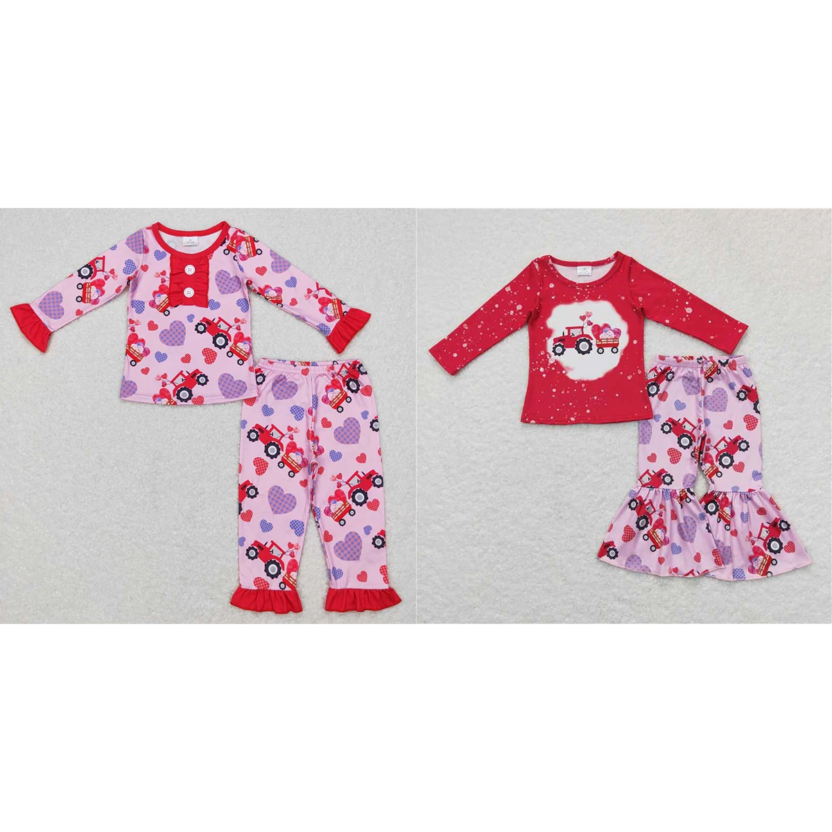 

Wholesale Children Valentine's Day Outfit Baby Girl Long Sleeves Tractors Heart T-shirt Kids Love Bell Bottom Pants Children Set