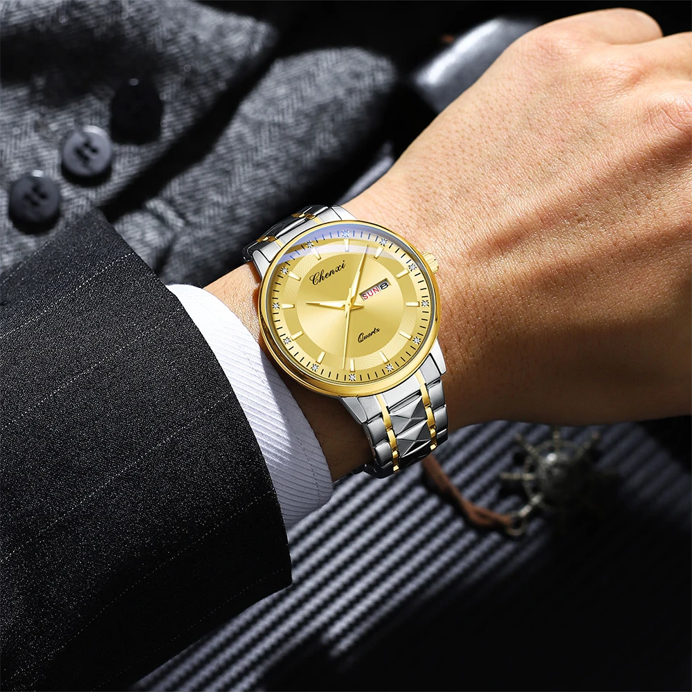 패션 비즈니스 남자 손목 시계 CHENXI 라운드 다이얼 달력 주 표시 쿼츠 시계 남자를위한 빛나는 방수 시계