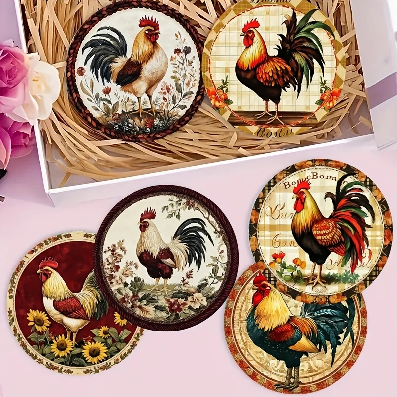 6pcs vintage rooster-pattern wooden heat-insulating coasters for home use Wooden coasters coffee shops holiday Gifts