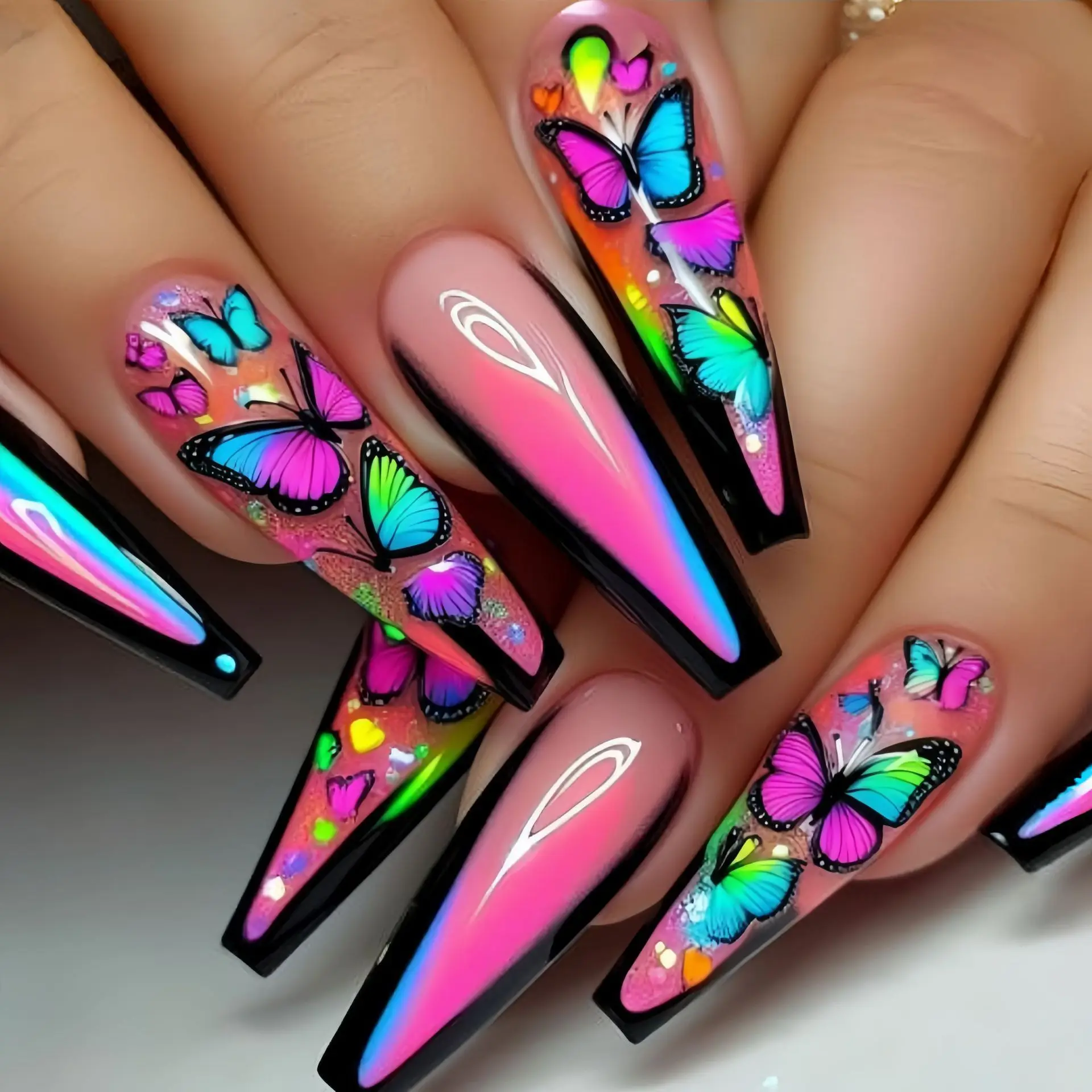 

Короткие накладные ногти средней длины для женщин. Градиент фиолетового цвета. Розовые красные цветы. Бабочка Y2K. Квадратные летние накладные ногти.