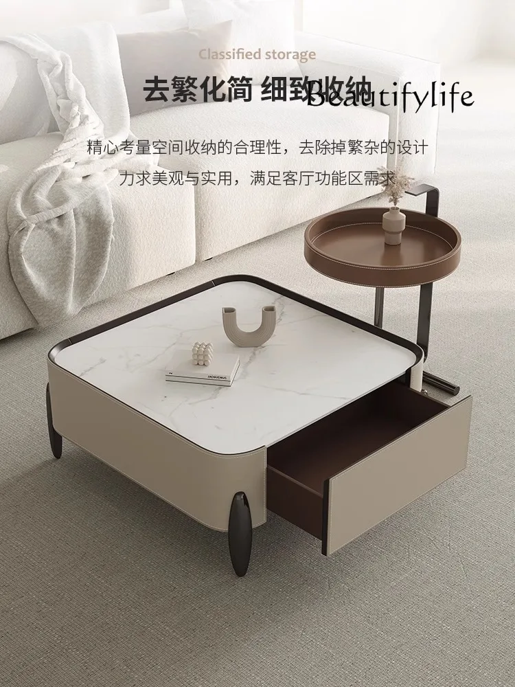 

Saddle Leather Stone Plate Coffee Table Small Apartment Living Room Simple Italian Minimalist Square Coffee Table Combination