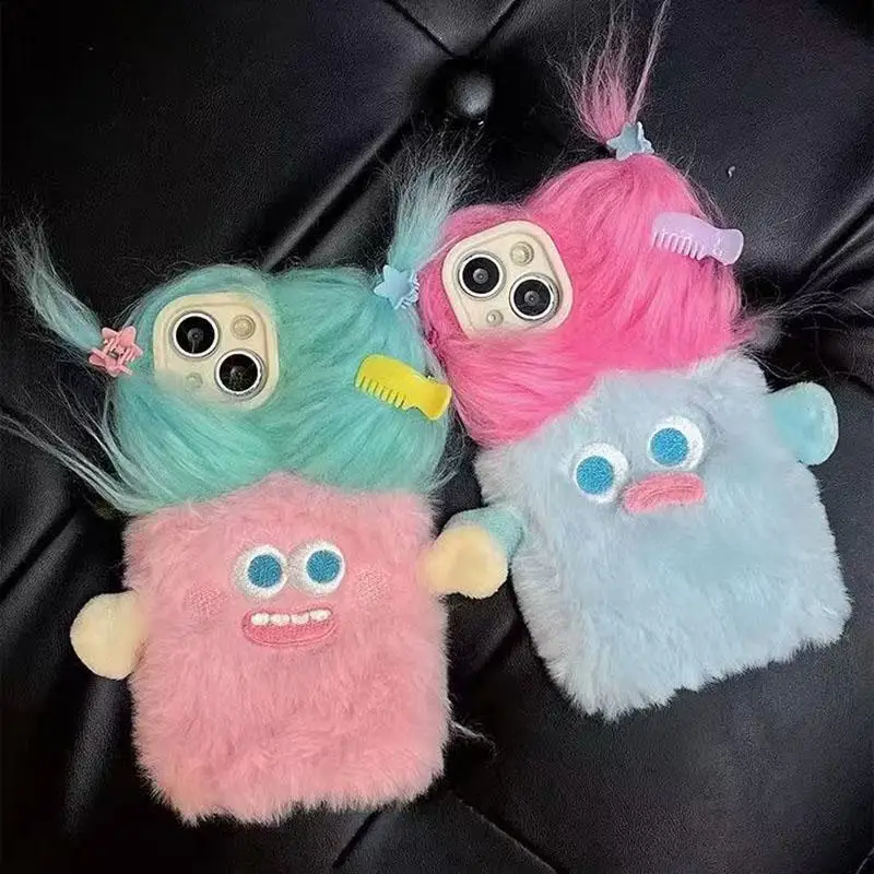 Plüsch Lustige 3D Cartoon Telefon Fällen Für iPhone 17 Pro Max Fall 17air 16 Plus 15 14 13 12 11 DIY Haarige Weiche Schutzhülle Coque
