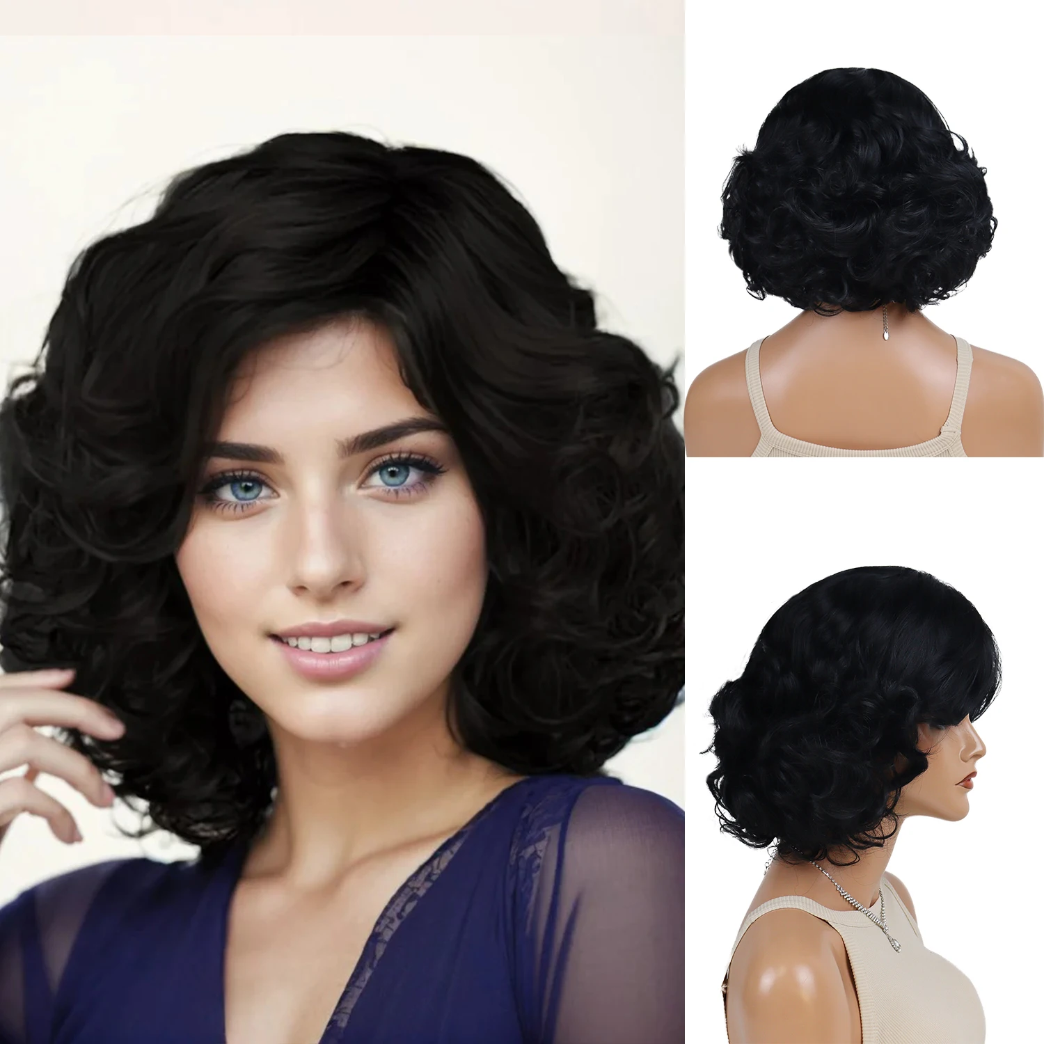 

Черные парики для женщин Синтетический короткий вьющийся парик с челкой Натуральная прическа Старая леди Мама Замена волос Парики Ежедневные подарки для мамы