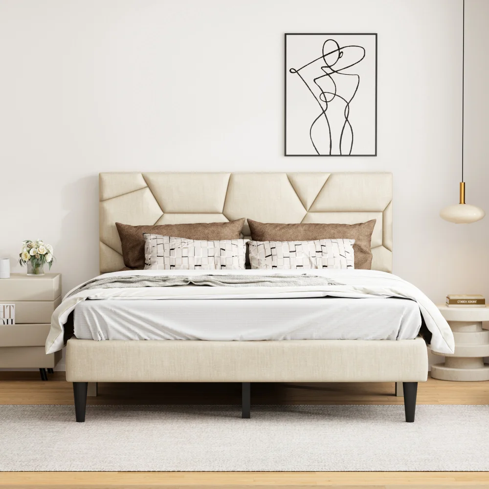 

Queen Bed Frame, linen storage headboard, strong and stable, no noise, no box spring, easy to assemble (Beige)