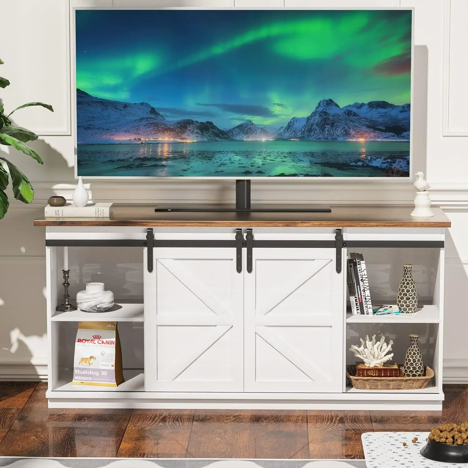 Farmhouse TV Stand and Entertainment Center for Televisions up to 65 Inchs, with Sliding Barn Doors and Storage Cabinets, Consol