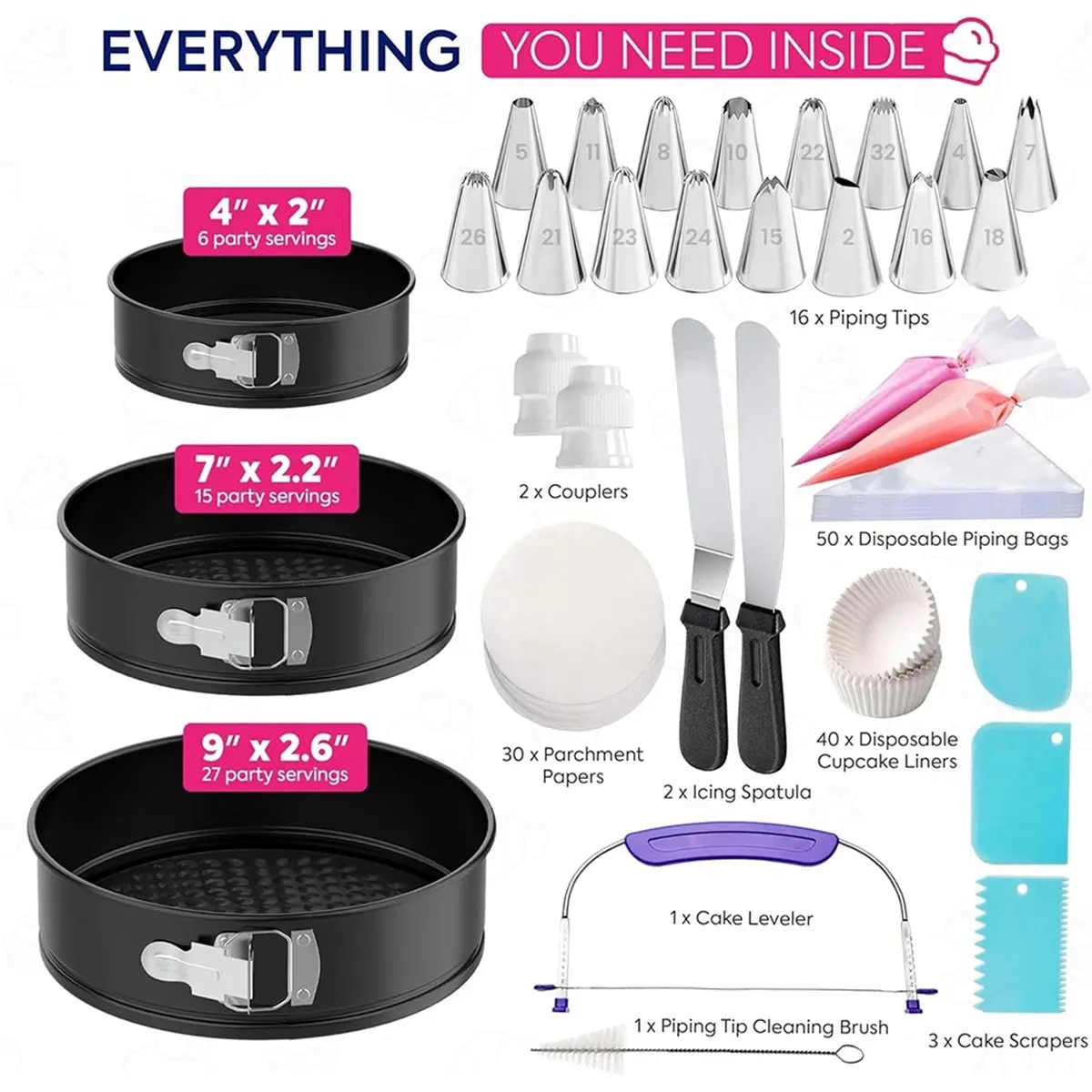 AIMA 148PCS Cake Pan Set for Baking: 3 Non-Stick Springform Pans,Cake Decorating Kit,Leveler & Leak-Proof Cheesecake Pan