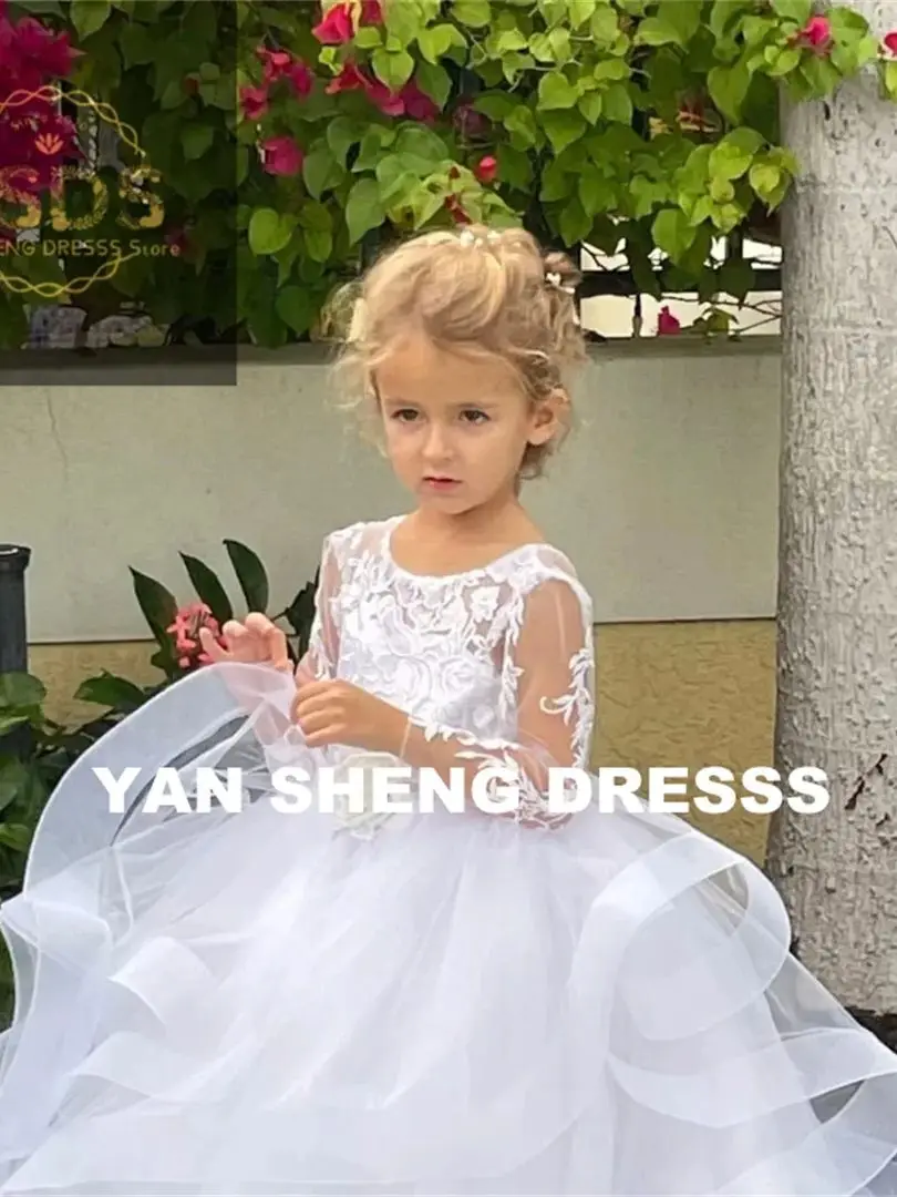 Wedding Birthday Flower Girl Dresses White Tulle Puffy Tiered Appliques Sequin Long Sleeve For  First Communion Gowns