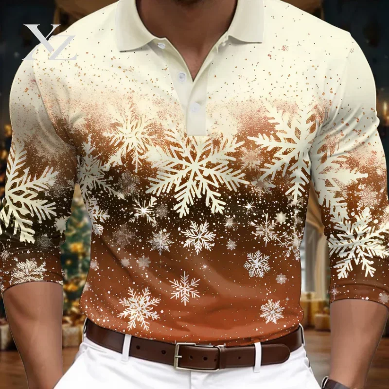 Men's Snowflake Christmas Shirts Long Sleeve Golf Polos 3D Print Button Tunic Tops Casual Party Dailywear Event