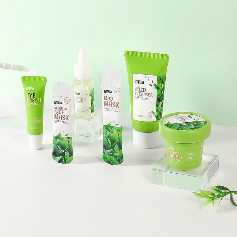 Green Tea Skin Care Sets Facial Cleanser Face Cream Serum Toner Sleeping Mud Masks Moisturizing Anti Aging Skin Care Gift Box