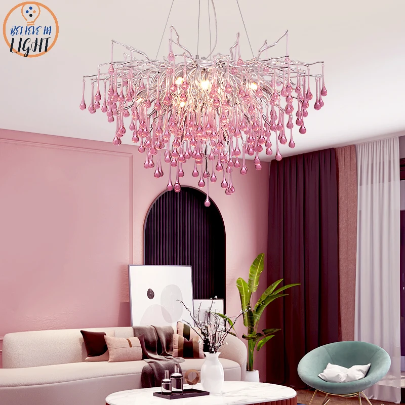 Lustre en cristal nordique coloré pour chambre d\'enfant, grand lustre, éclairage de luxe, décoration de chambre de fille