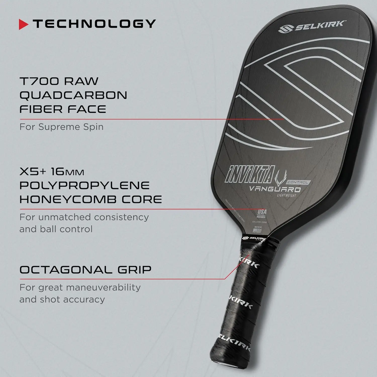 Pá De Pickleball De Fibra De Carbono, Quad Paddle com Polipropileno, X5 + 16mm Core