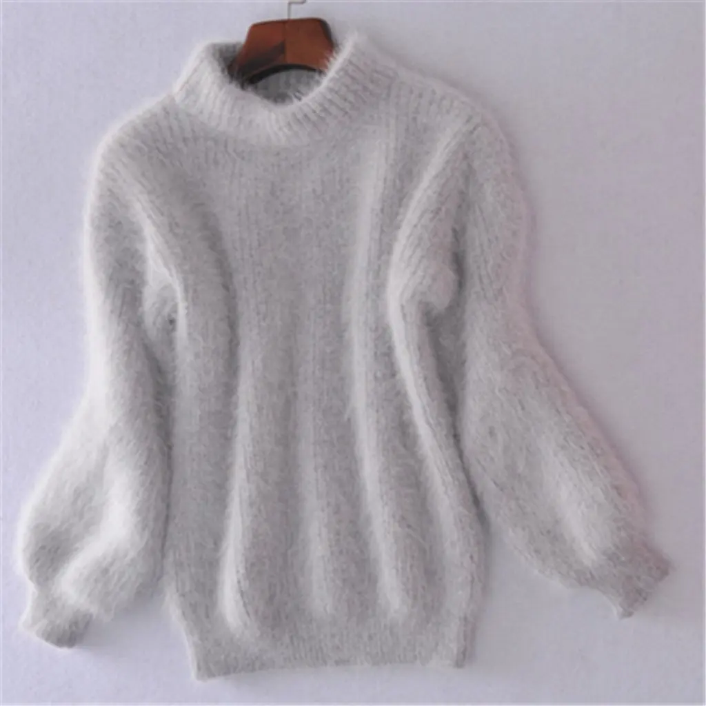 

Women's Korean Style Lantern Sleeve Imitation Mink Velvet Sweater Loose Solid Color Pullover Half High Collar Autumn Winter