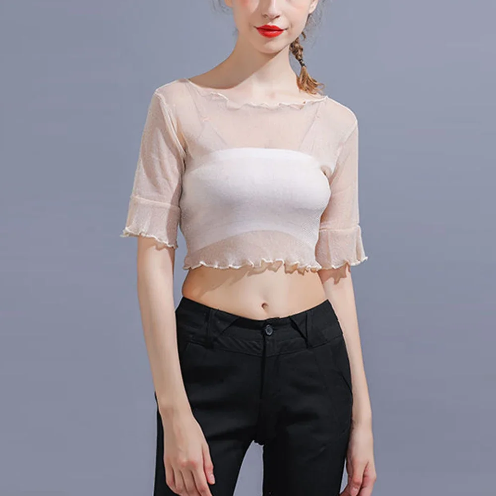 Y2K See Through Transparent Short Mini T Shirt Women S-3XL Silver Shiny Flare Sleeve T-shirt Girl Elastic Female Blouses Top