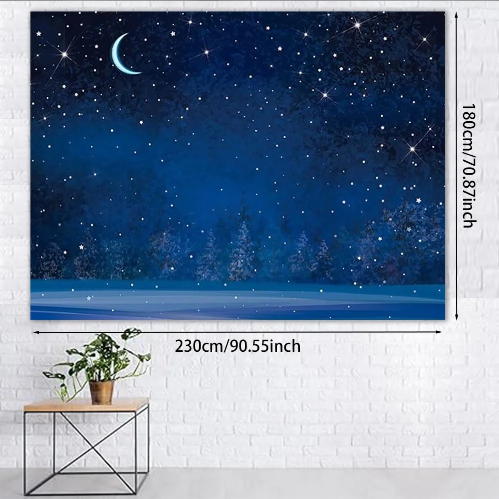 خلفية سماء ليلية شتوية مسطحة ثنائية الأبعاد - أزرق عميق مع رقاقات الثلج والقمر والنجوم - مناسبة لعيد الميلاد #4