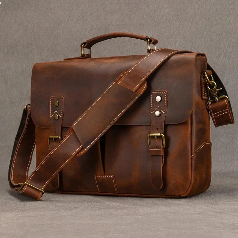 Highend Vintage A4 Brown Genuine Crazy Horse Leather Executive 17.3''15.6''Laptop Men Briefcase Messenger Bag Portfolio Handbag