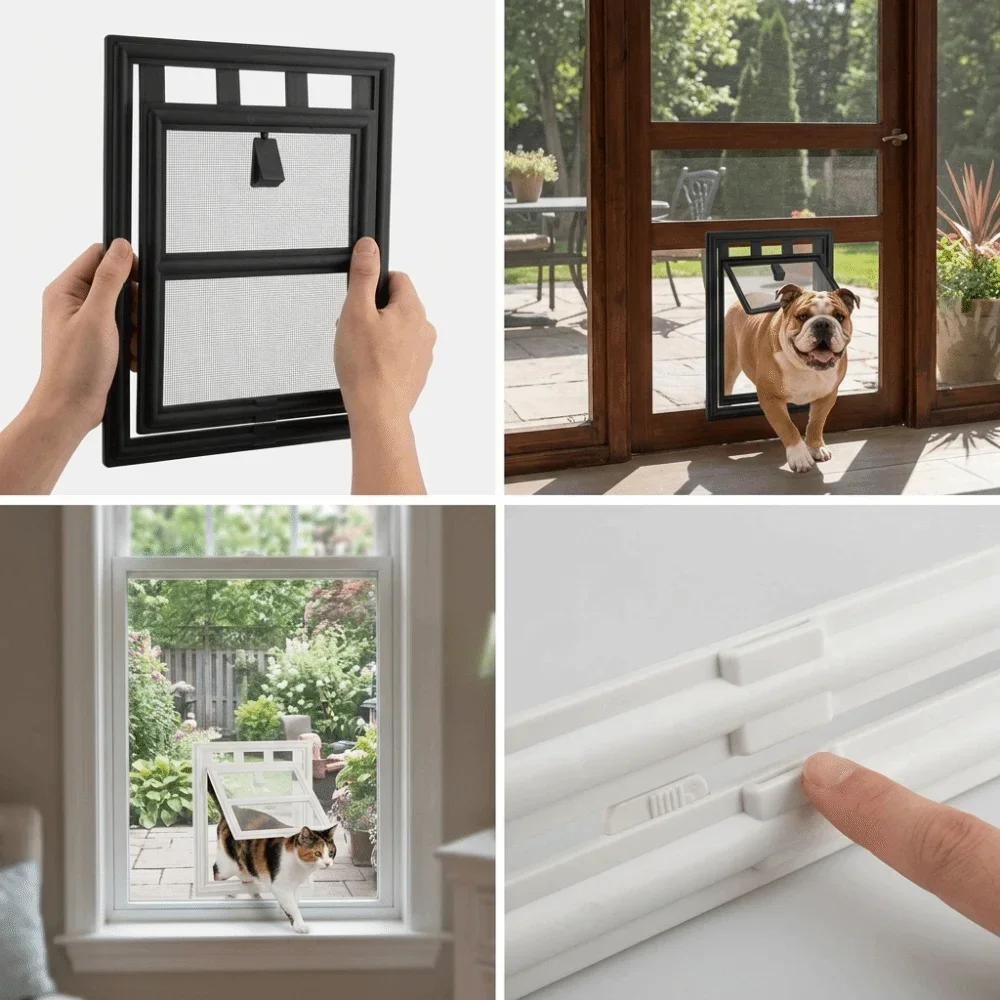 L Shaped Frame Pet Flap Door Dual Opening Mode Mesh Screen Surface Two Way Pet Access Adjustable Cut Size Weather Tough Build