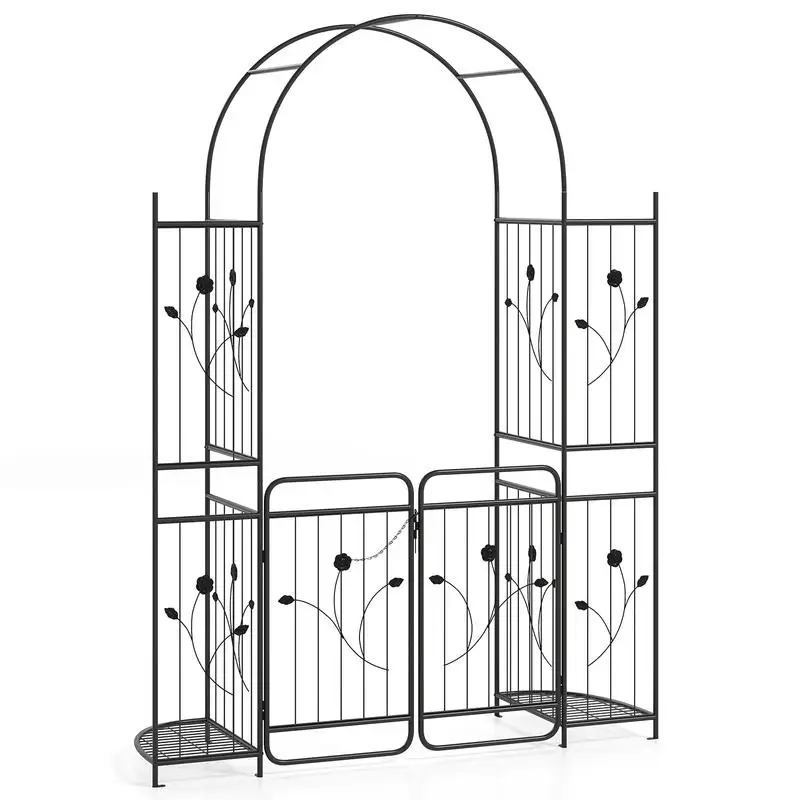 87 inch Tall Garden Arch with Gate Planter Shelves Climbing Trellises