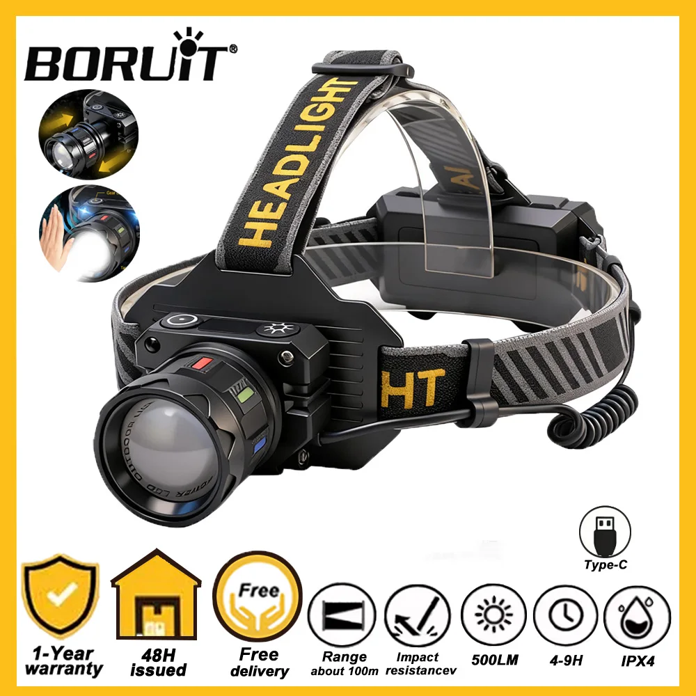 

Налобный фонарь BORUiT500LM с датчиком движения, светодиодный, 18650, с выдвижным зумом, 5 режимов, перезаряжаемый через Type-C, для кемпинга и рыбалки