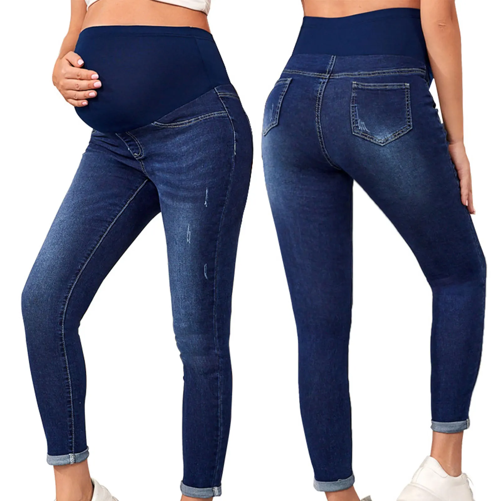 Pregnant Women Jeans High Waist Support Belly Maternity Hip Lifting Elastic Denim Pants Trouser for Daily Work Street Loungewear