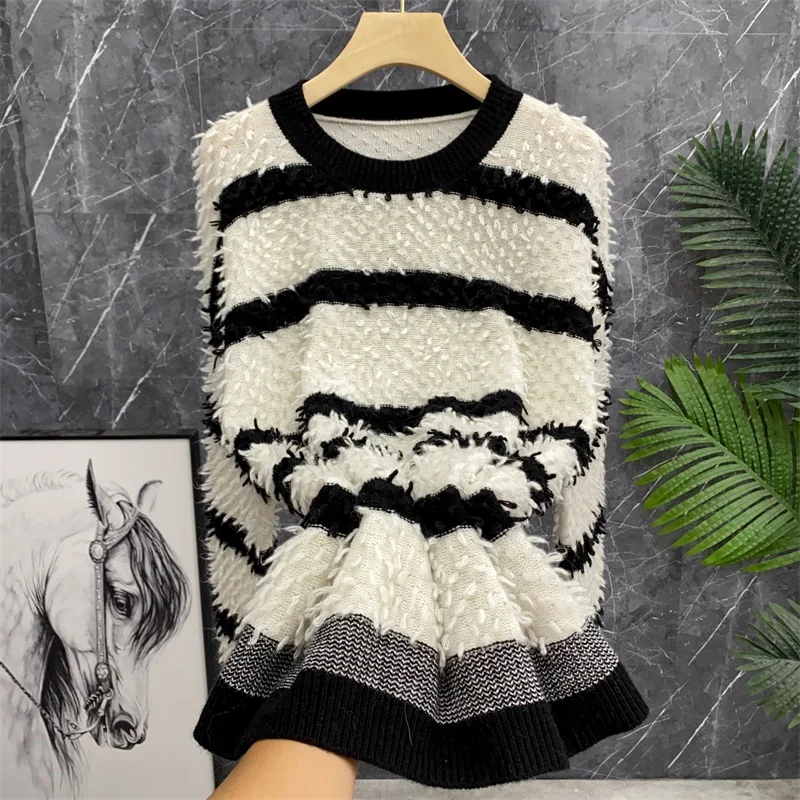 

Lush Woolen Knitwear Casual Striped Loose Fit Sweater with Lazy Fluffy Feel Outerwear Style Women's Premium Fashion