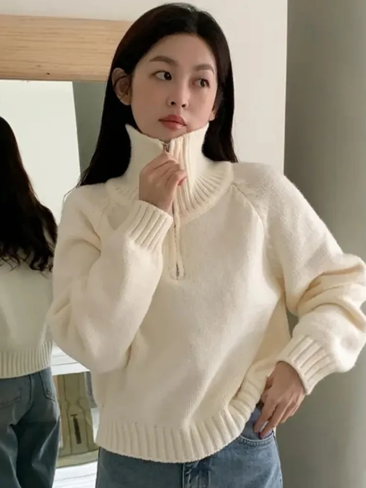 

Chic Winter Sweet Anti-Aging f Zip High Collar Simple Warm Knitted Sweater Women's Base Layer Top Korean Sle Long Sve