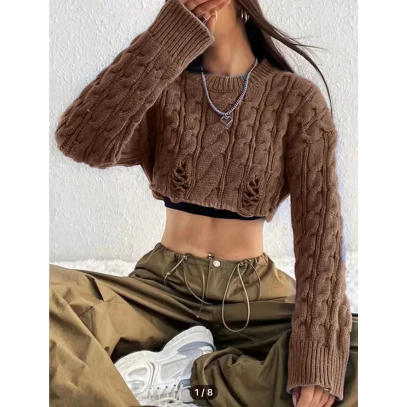 New Autumn and Winter Long Sleeved Top Sweater for Women Versatile Design Spicy Girl Round Neck High Waist  Solid Color