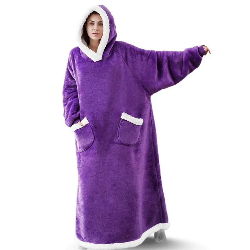 2023 Super Long Flannel Blanket with Sleeves Winter Hoodies Sweatshirt Women Pullover Fleece Giant Bathrobe
